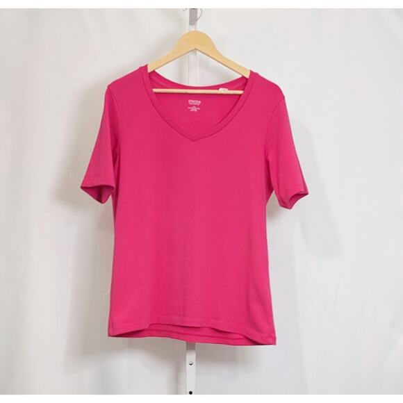 Chico's True Color Tee Dark Pink V-Neck Short Sleeve Top Misses Size 2 L - Picture 1 of 6